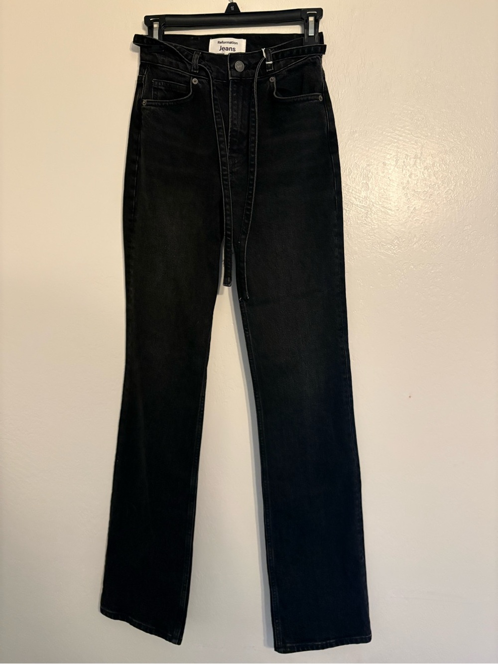 Reformation Rosie High Rise Bootcut Belted Black Denim Jeans Organic Cotton 24